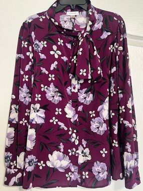 Calvin Klein Plum and Lavender Floral Tie-Neck Top NWOT SZ XL